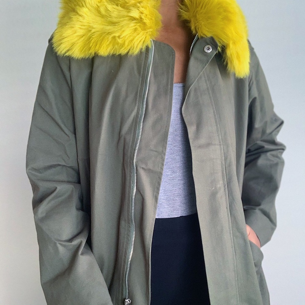 Olive Jacket with Yellow Faux Fur Collar